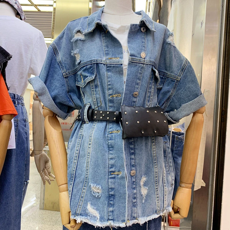 

Streetwear Sleeveless Summer Denim Vest Women Jacket Sequin Ripped Jeans Vest Long coat Waist free give black waist belt NZY61