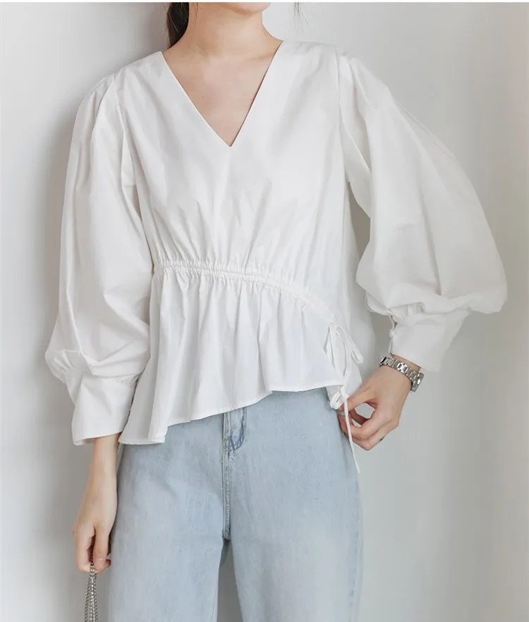 

New Chic Cotton Blouses Women 2019 Autumn Korean V Neck Drawstring Street Shirts Lady Puff Sleeve Crop Tops Long Sleeve