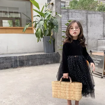 

long sleeve velvet thermal winter spring fall girls mesh dress ball gown kids sequin decor dresses children's clothing
