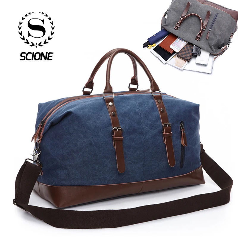 Cheap Scione Men Canvas Travel Shoulder Luggage Bags Large Capacity Handbag Business Casual Vintage Leather Simple Tote Bag For Men