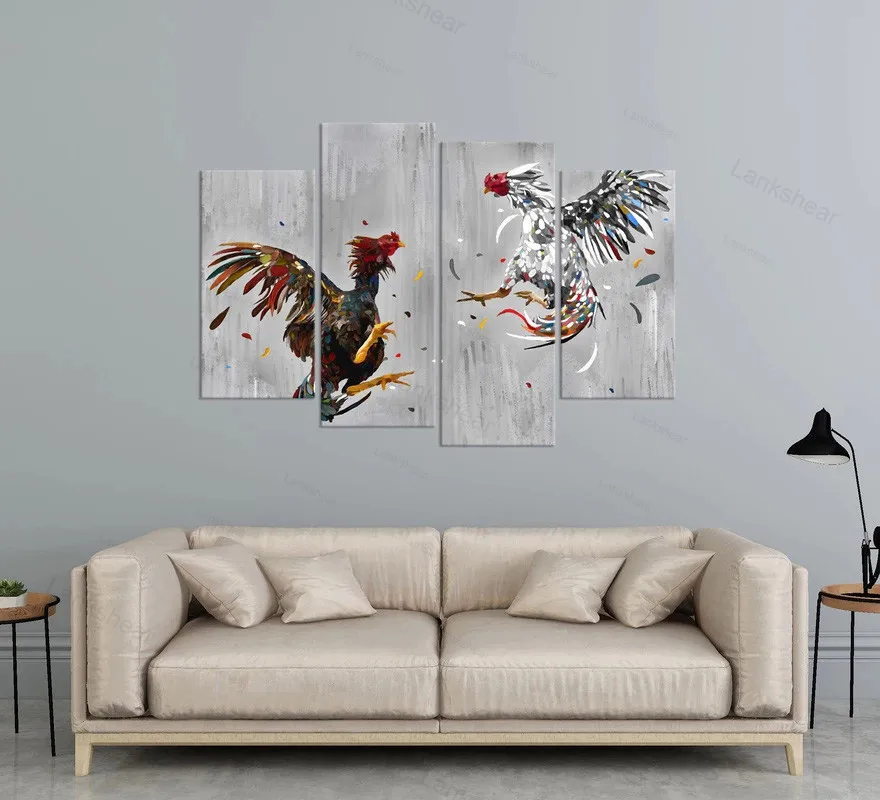 4 Panels Home Decor Poster Canvas Animal Wall Art Cock Fighting Picture Painting Rooster Print Rustic Chicken Room | Дом и сад