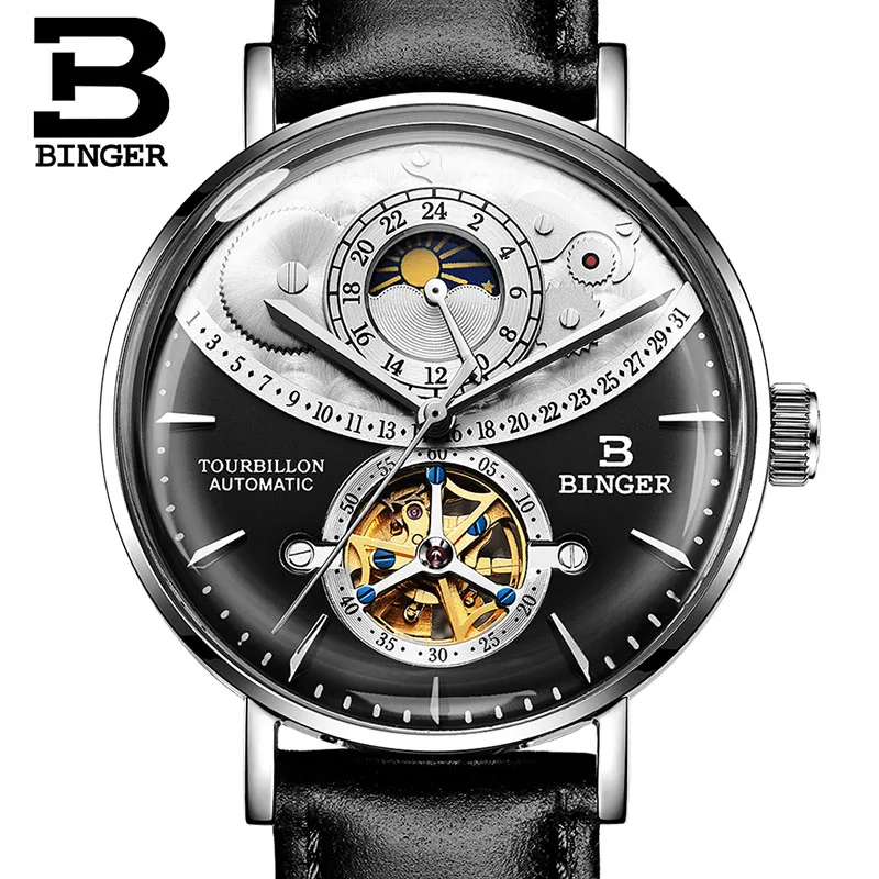 Швейцарские автоматические часы для мужчин Бингер Скелет Механические Мужские часы модный бренд часы Relogio Masculino водонепроницаемые - Цвет: Leather Black