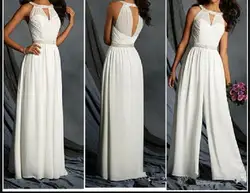 Шифоновые длинные, обшитые бисером белые платья подружки невесты Junior Jumpsuit с жемчужинами на шее 2020 на заказ, Свадебные брюки для вечеринок