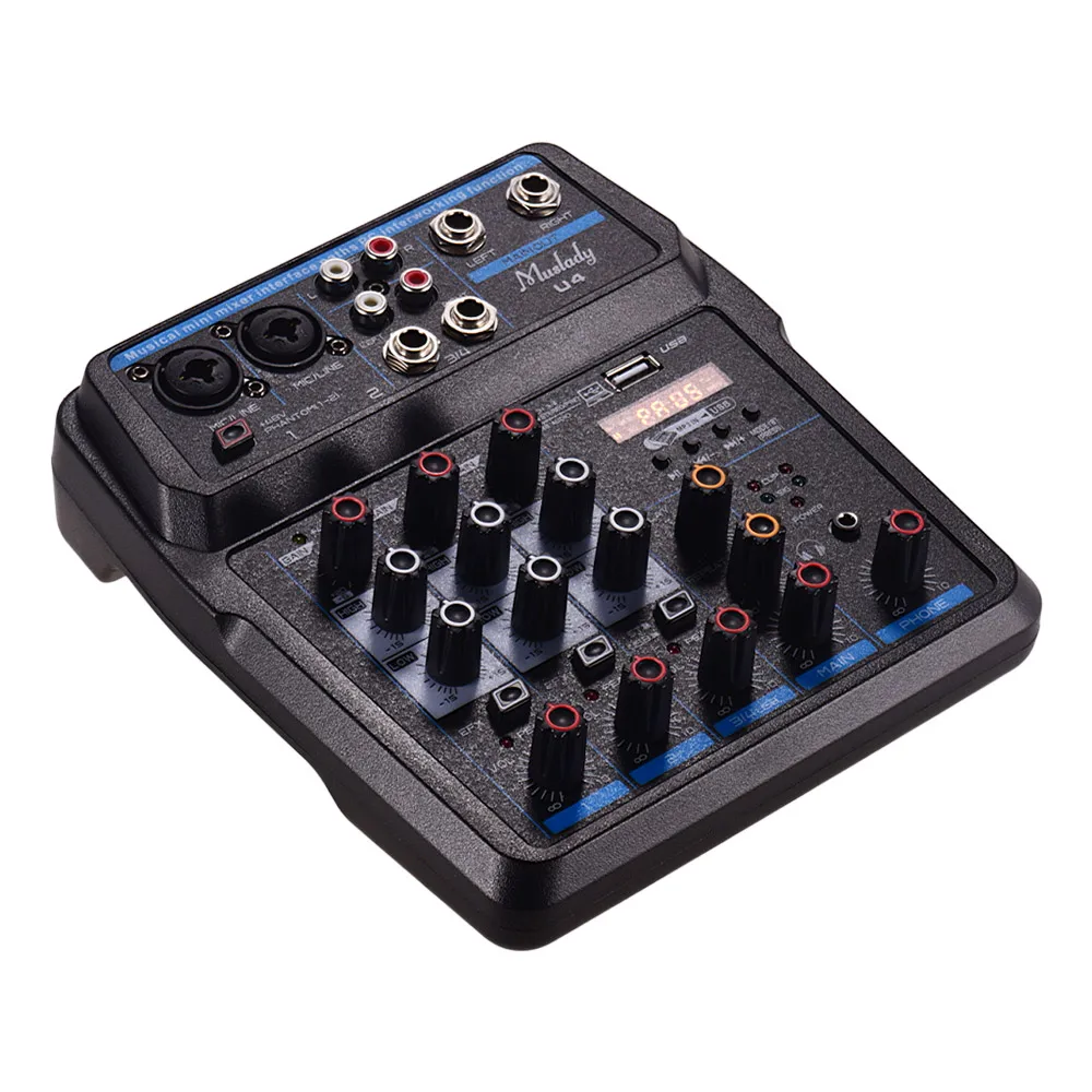 Muslady U4 Portable 4 Channels Audio Mixer BT USB Mixing Console with Sound Card Built-in 48V Phantom Power EU Plug