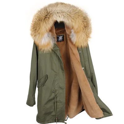 Модная зимняя куртка для мужчин, пальто из натурального меха енота, воротник из искусственного меха, армейская зеленая длинная парка, теплая уличная
