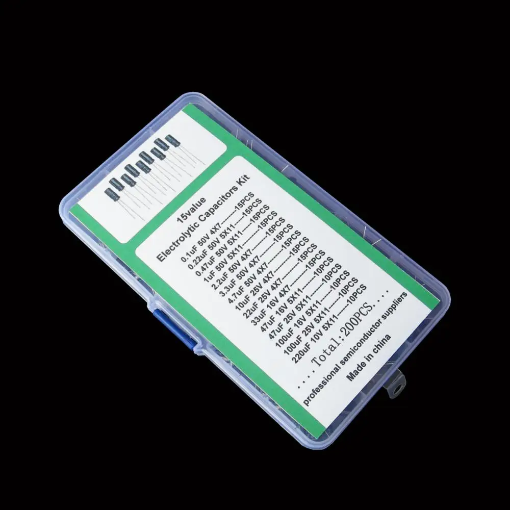 

15values 200pcs Electrolytic Capacitor Organization Storage 0.1-220uF Capacitors Assortment Box Kit