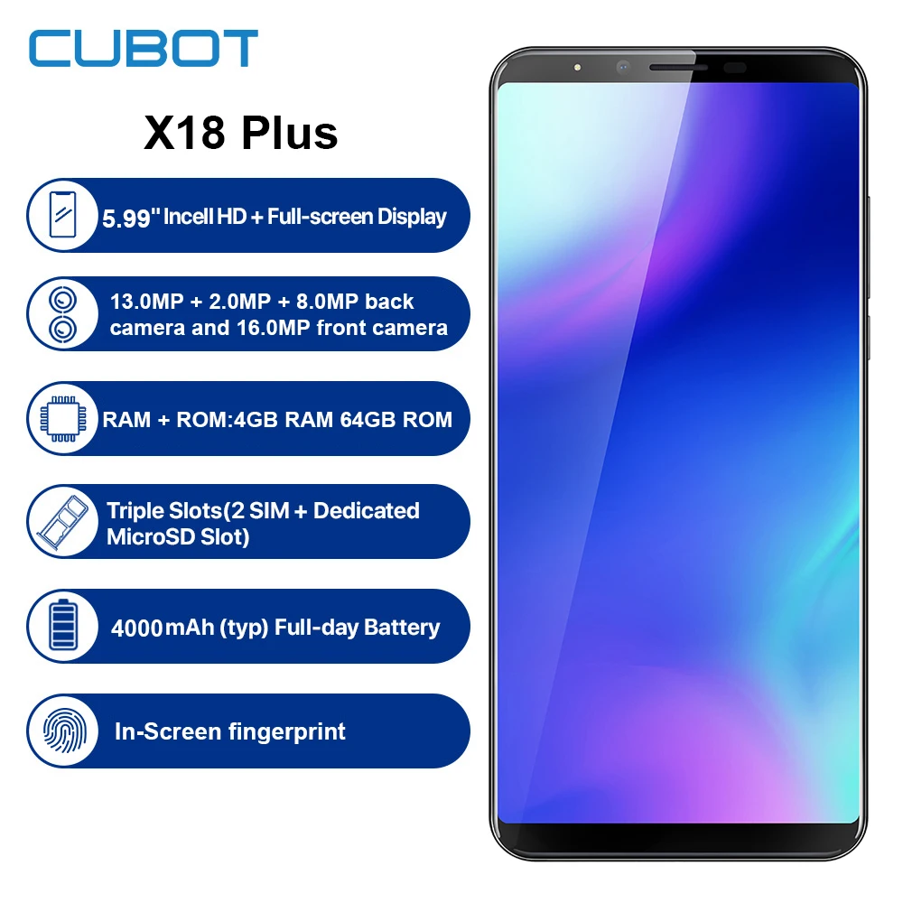 

Refurbished CUBOT X18 Plus 4G Smartphone 5.99'' Android 8.0 4GB RAM 64GB ROM MTK6750T Octa Core Dual Cam EU Mobile Phone