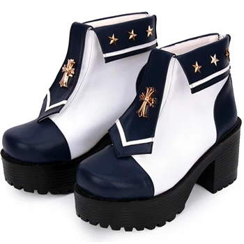 

Japanese cool motorcycle punk boots anime navy lapel cross star boots Gothic Lolita Middle Heel Victoria JK Uniform Shoes Loli