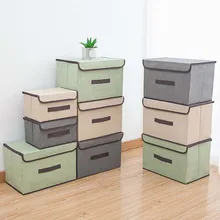 Cotton and linen fabric foldable storage box, foldable trash can, toy storage box with lid and handle, storage basket, laundry b