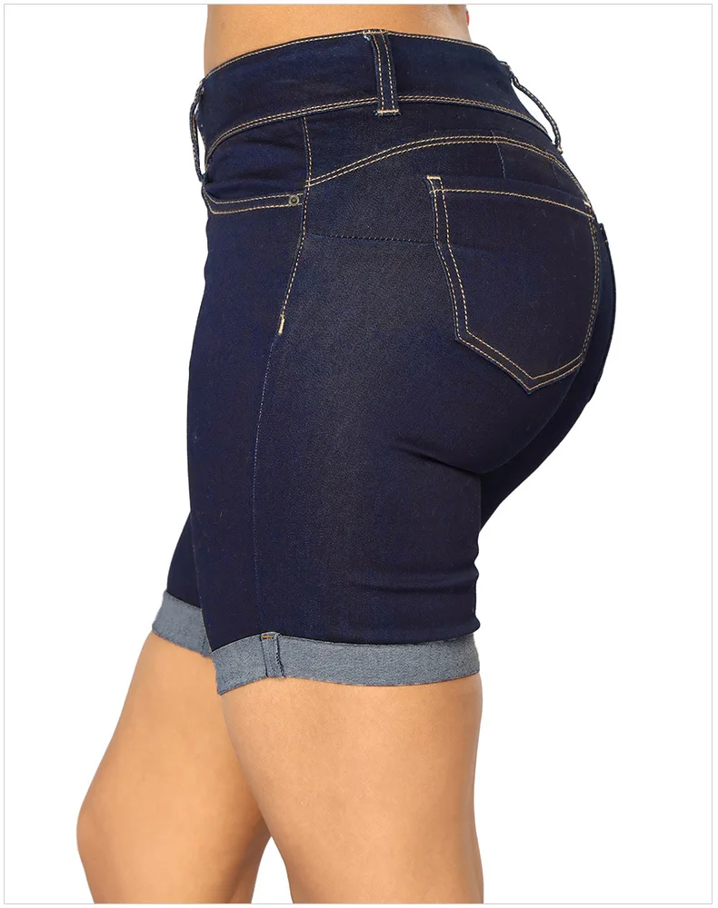 Europe And America Medium Waist Large Size Blue Knee-length Denim Shorts Women's Waist Slimming Straight-Cut Crimping WOMEN'S Je
