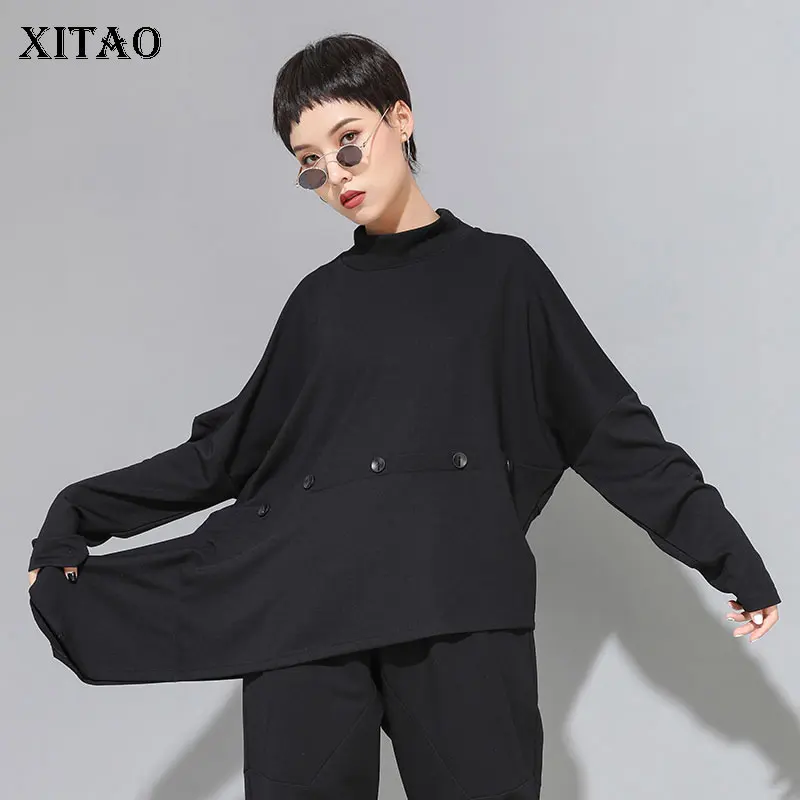 

XITAO Irregular Vintage T Shirt Women Clothes 2019 Turtleneck Korea Fashion New Black Pleated Street Style Casual Tee GCC1195