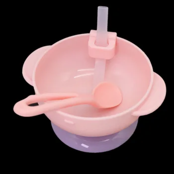 

3pcs/set Straw Spoon Weaning Feeding Easy Clean Anti Slip Reusable Smooth Baby Suction Bowl Set With Lid Double Handle Non Toxic