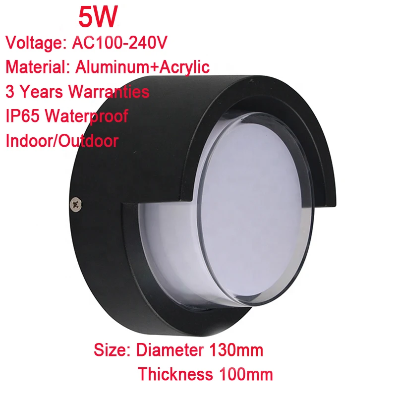 5W/12W Round LED Wall Lamps Black Color Shell IP65 Waterproof Indoor/Outdoor Lighting Aluminum Wall Light 3 Years Warranties