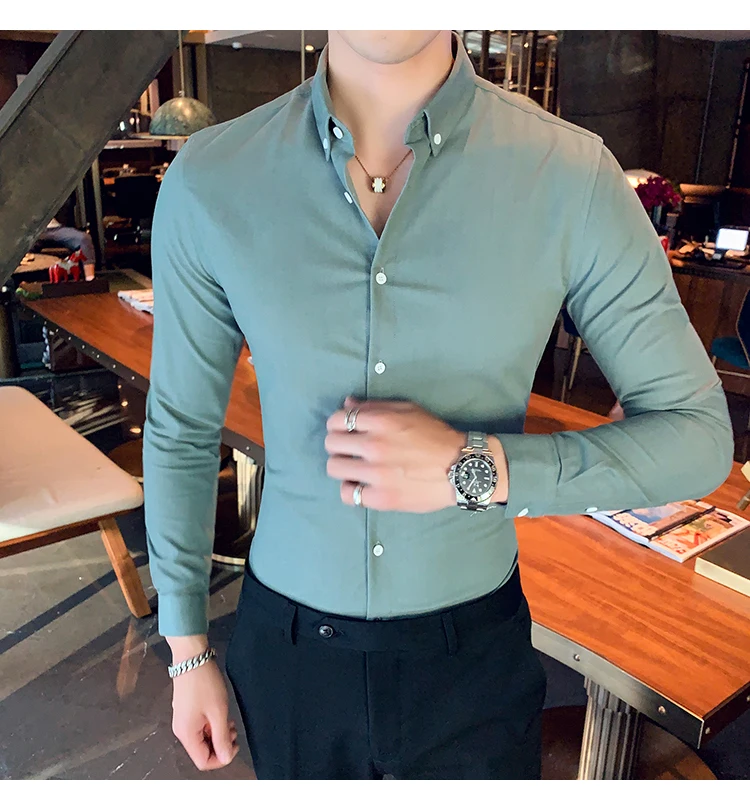 Мужская рубашка в британском стиле; сезон осень-зима; Camisa Slim Fit Hombre; однотонные простые мужские рубашки с длинными рукавами; Высококачественная официальная одежда для мужчин; s