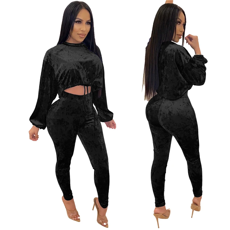A120202 new stylish long sleeve O neck solid color drawstring velvet womens two piece sweat suits clothing