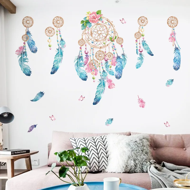 

1 PC Large Colorful Feather Wall Sticker Catch Monternet Dream Catcher Art Design For Living Room Kid Room Door Stickers