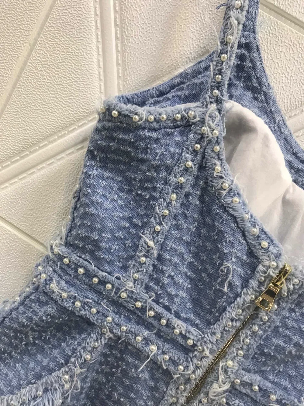 Высокое качество 2019FW женский ремешок из жемчуга женское джинсовое платье сексуальное платье без рукавов ddxgz2