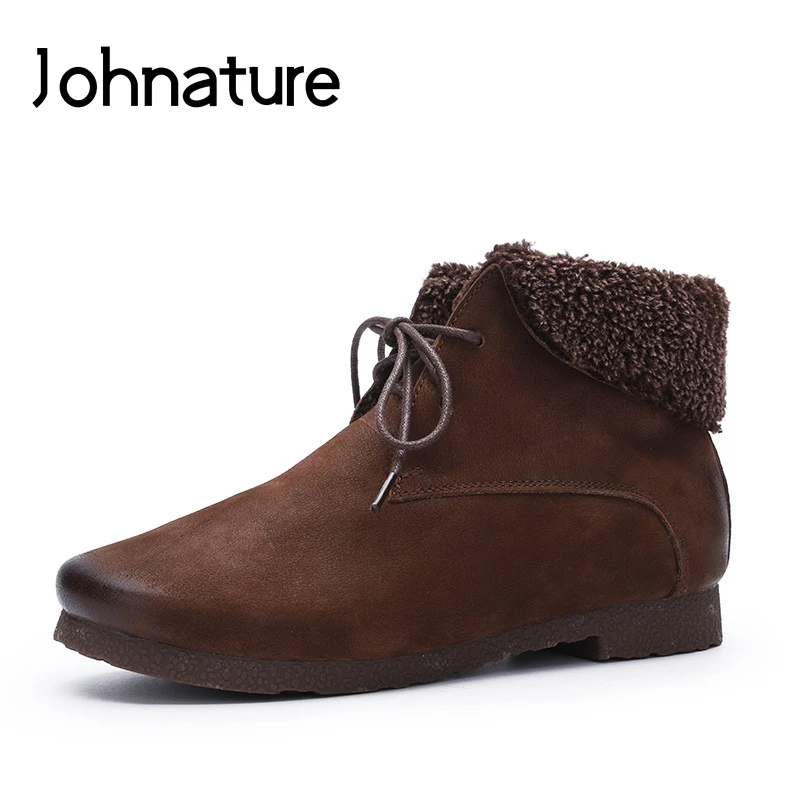 

Johnature Turned-over Edge Platform Boots Lace-up Women Shoes Genuine Leather Round Toe Flat With 2019 New Winter Ankle Boots