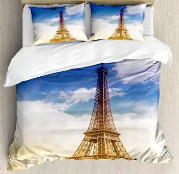 

Eiffel Tower Duvet Cover Set Eiffel Tower Trees and Sky Fluffy Clouds Sunny Day Urban Life Romance Theme Decorative 3 Piece Bed