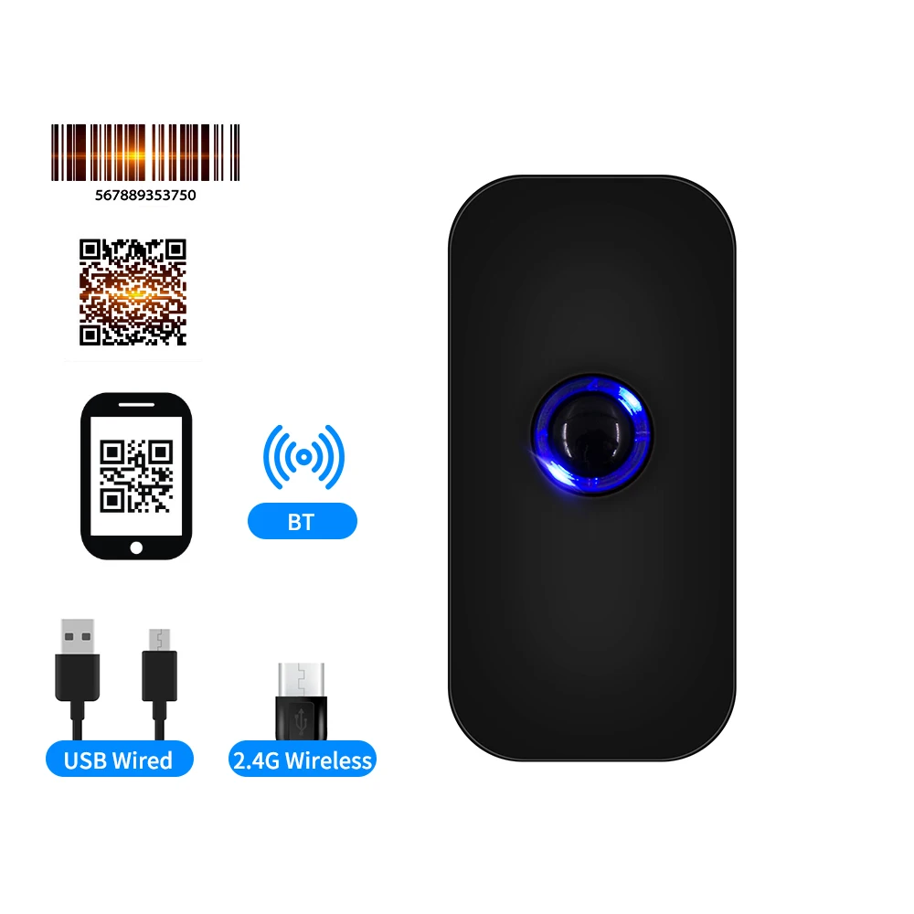 Handheld 3-in-1 Barcode Scanner 1D/2D/QR Bar Code Reader Support Bluetooth /2.4G Wireless /USB Wired Connection for Supermarket
