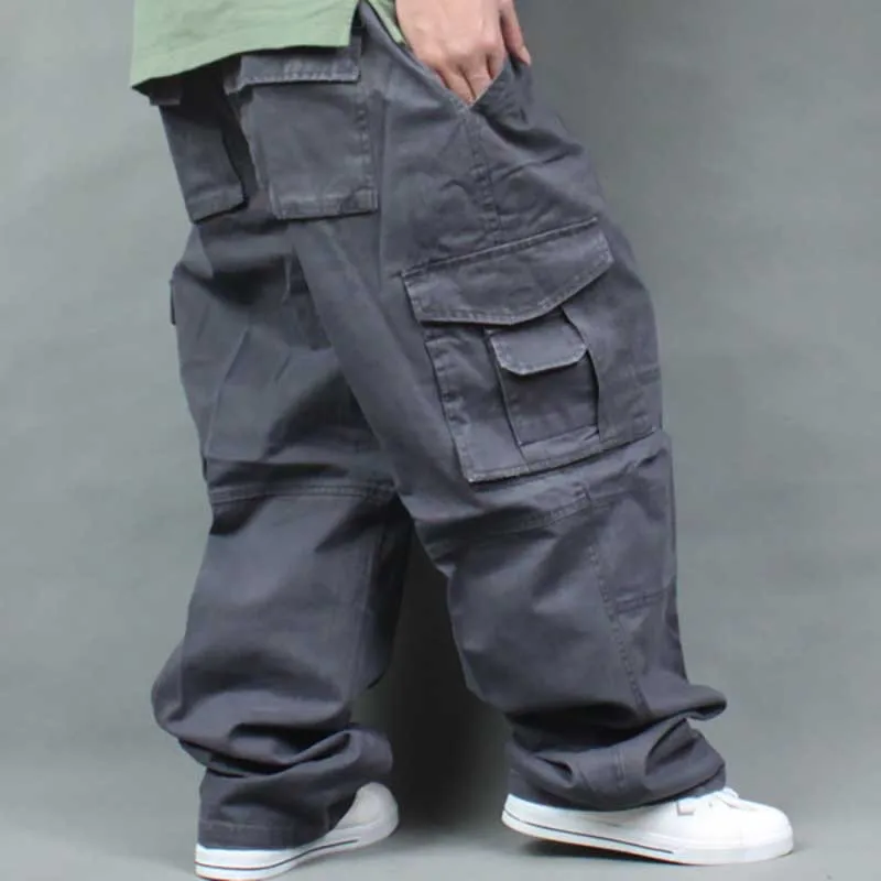 Большие размеры Свободные мешковатые брюки-карго мужские повседневные шаровары хлопковые широкие брюки хип-хоп джоггеры брюки мужская одежда - Цвет: Темно-серый