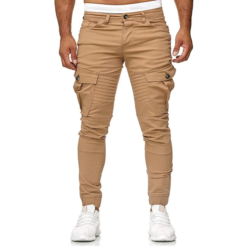 Мужские брюки-карго, одноцветные, с несколькими карманами, с эластичной резинкой на талии, брюки в стиле хип-хоп, мужские повседневные штаны для бега, модные спортивные штаны для мужчин 7498 - Цвет: Khaki - 7498
