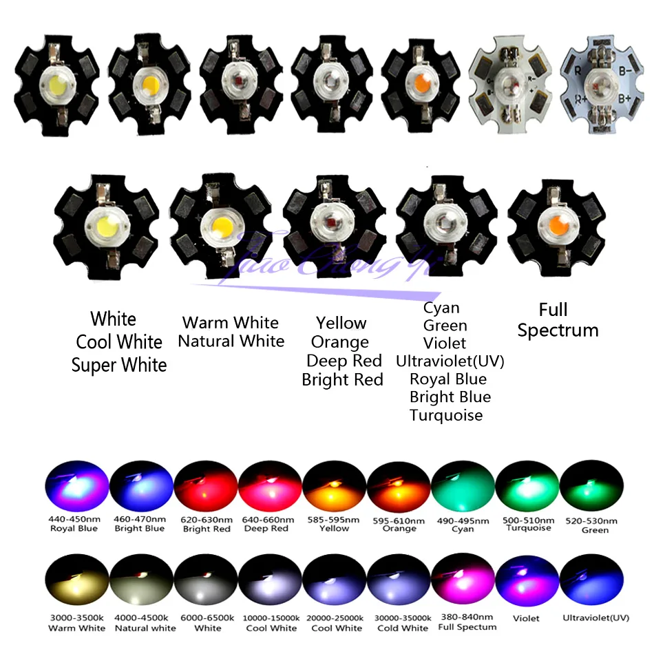 Pack of 10 High Power LED Lights with 20mm Star PCB - Multi-Color and White Options