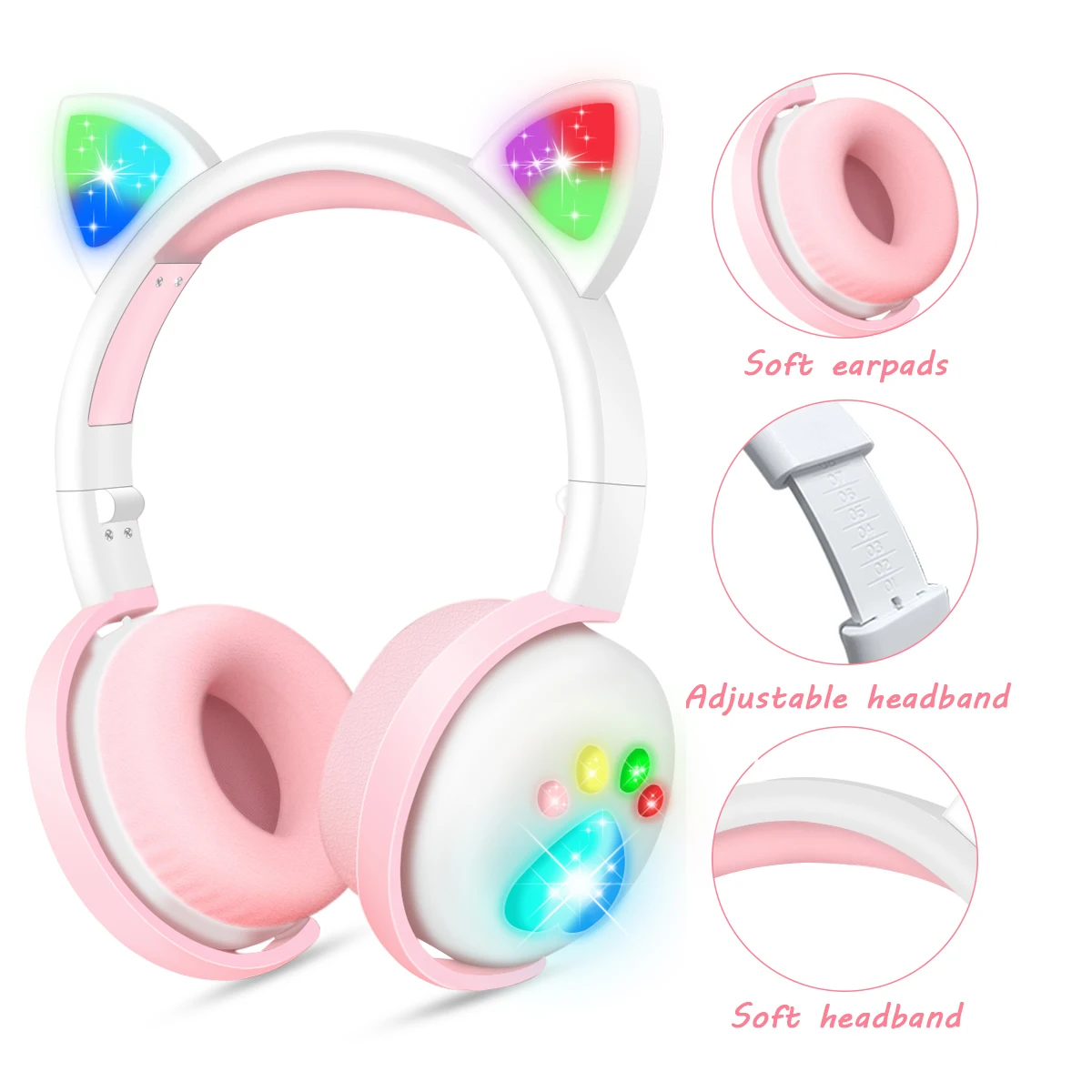 Cute Cat Headphones For Children Kids Wireless LED Light Cat Ear Blue-tooth Compatible Cat Paws Headset With Mic For Girl GIfts