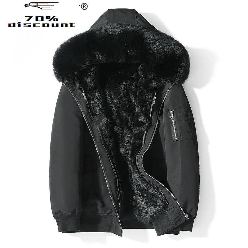 

Rabbit Fur Coat Winter Jacket Men Short Parka Real Fur Coat Real Fox Fur Collar Warm Parka Veste Cuir Homme 29885 YY2360