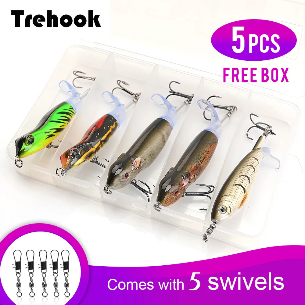 

TREHOOK 5pcs Whopper Plopper Fishing Lures Top Water Crankbait Set of Wobblers for Fish Artificial Bait Hard Frog Lure Tackle