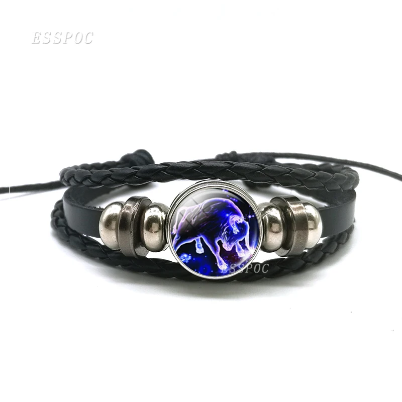 12 Zodiac Signs Constellations Black Button Woven Leather Bracelet Glass Dome Jewelry Men Aries Libra Libra Leo Birthday Gift - Image 3