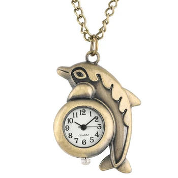 

Little Cute Fashion Dolphin Design Necklace Retro Bronze Analog Quartz Pocket Watch FOB Chain Pendant Clock Hours for Children