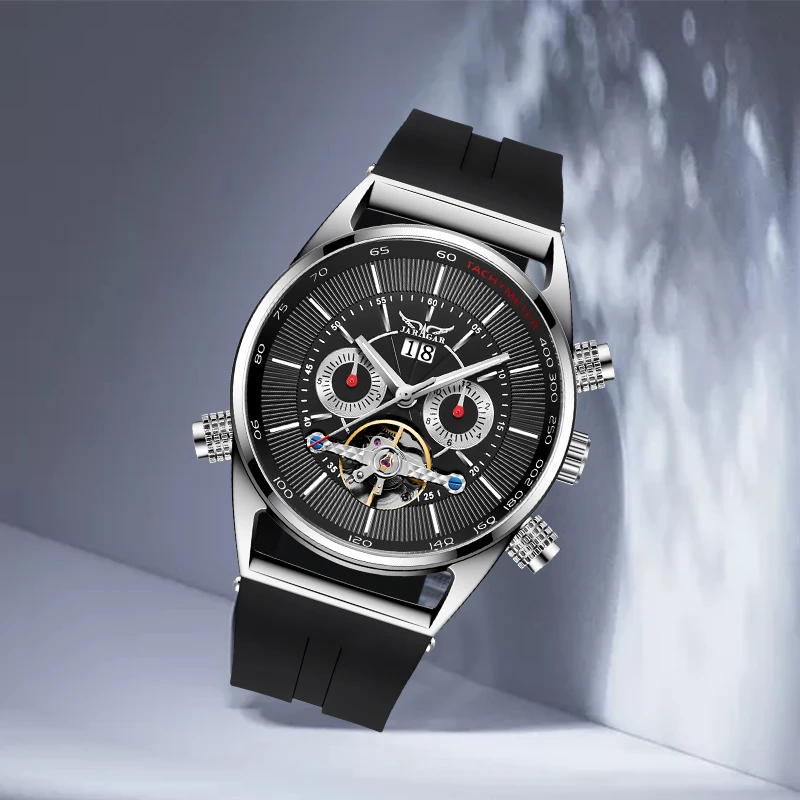 JARAGAR Tourbillion модные черные силиконовые часы многофункциональный дисплей Мужские автоматические механические часы Роскошные мужские часы