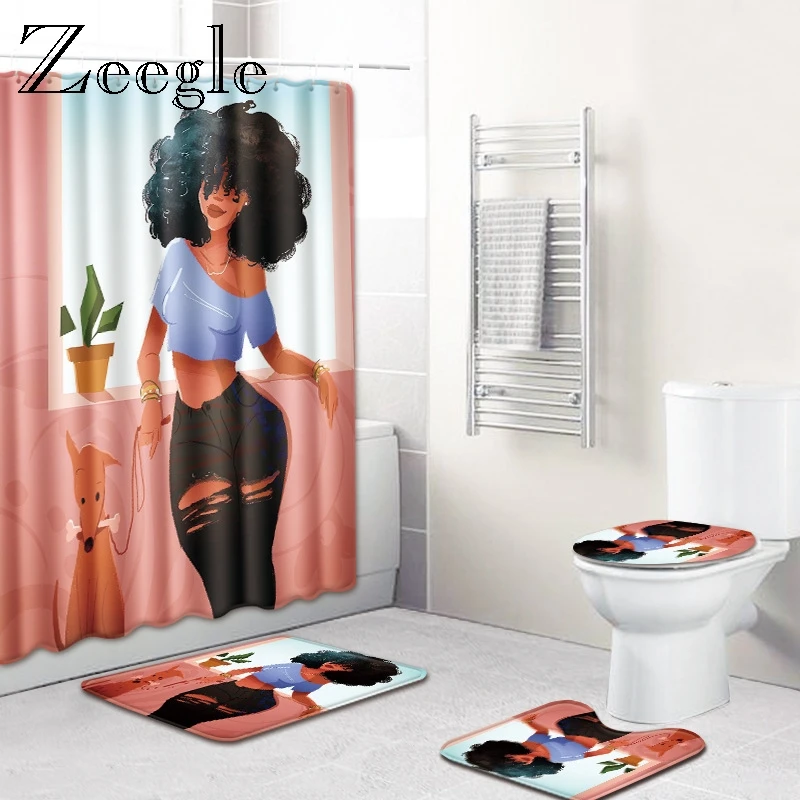 Zeegle Creative Bathroom Shower Curtain Bathroom Mat Set Toilet Shower Mat Anti-slip Bathroom Entrance Mat Doormat Floor Rug