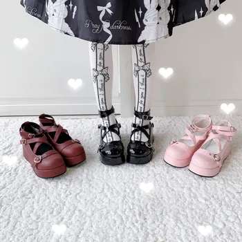 

Gothic anime cosplay lolita shoes vintage round head platform gothic shoes cross bandage PU kawaii shoes loli cos new