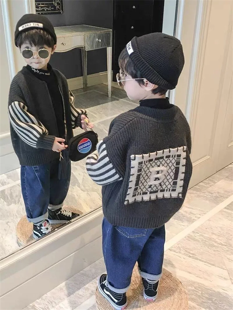 Anos de Idade Bebê Meninos Outono Jaquetas Novo Coreano Zíper Malha Algodão Camisola Outerwear 2 3 4 5 6 7 8 Blusão Outfit 7 de algodão para meninos de 2, 3,