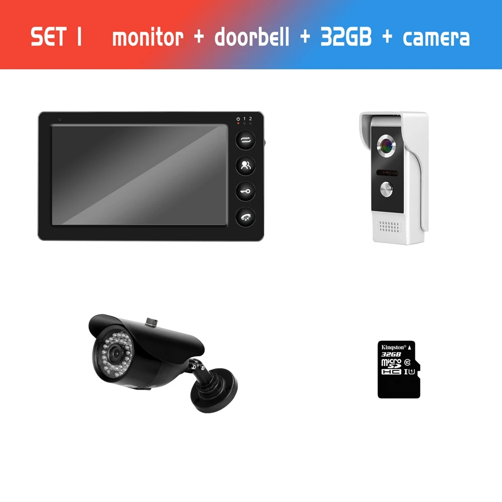7 дюймов проводной видеодомофон 1000TVL HD дверной звонок и ИК CCTV Камера вспомогательный датчик движения для домофон с видео связью безопасности Системы - Цвет: SET 1
