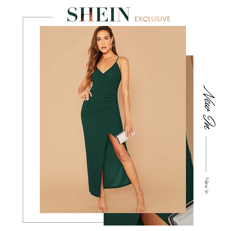 SHEIN платье-комбинация с рюшами и разрезом по бокам для женщин; сезон лето-осень; пикантные вечерние платья макси на бретельках