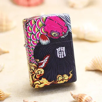 

Genuine Zippo oil lighter copper Lucky Koi fish Coloured drawing cigarette Kerosene lighters Gift With anti-counterfeiting code
