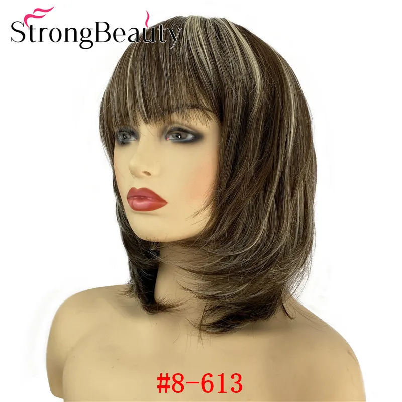 strongbeauty cabelo de comprimento médio em linha reta perucas femininas com puro bang sintético natural sem tampa