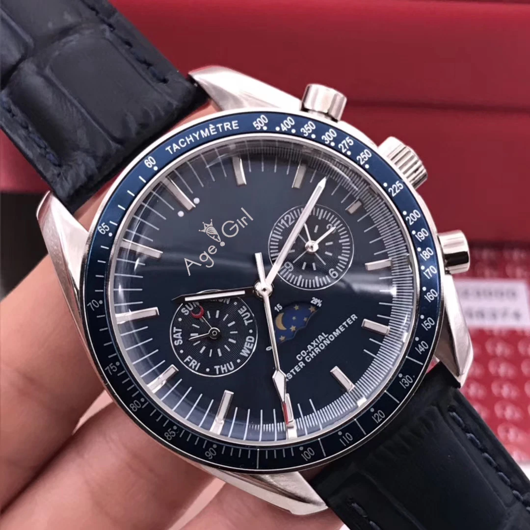 

Luxury Brand New Men Automatic Mechanical MoonWatch MoonPhase Miyota Steel Speed Black Blue Leather Ceramic Watch Dark Side AAA+