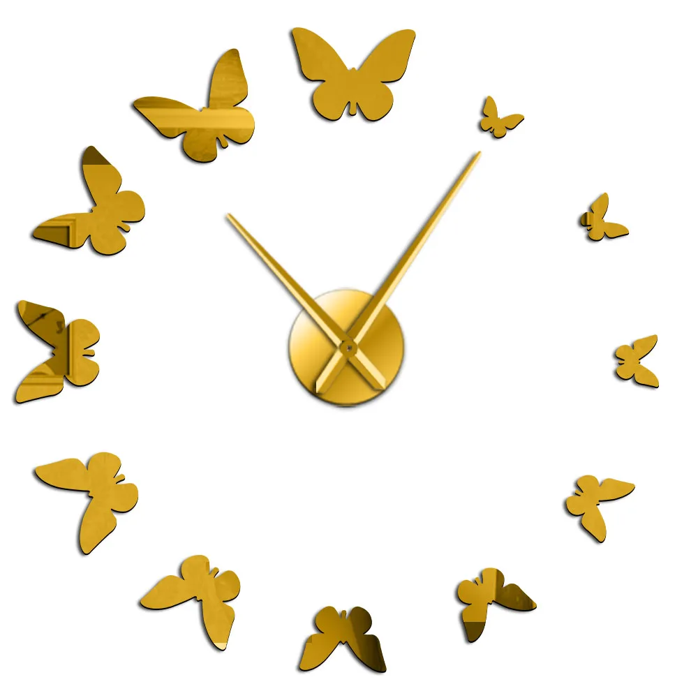 Декоративные зеркальные настенные часы природа Летающие бабочки современный дизайн Роскошные DIY большие настенные часы бескаркасные настенные часы - Цвет: Gold