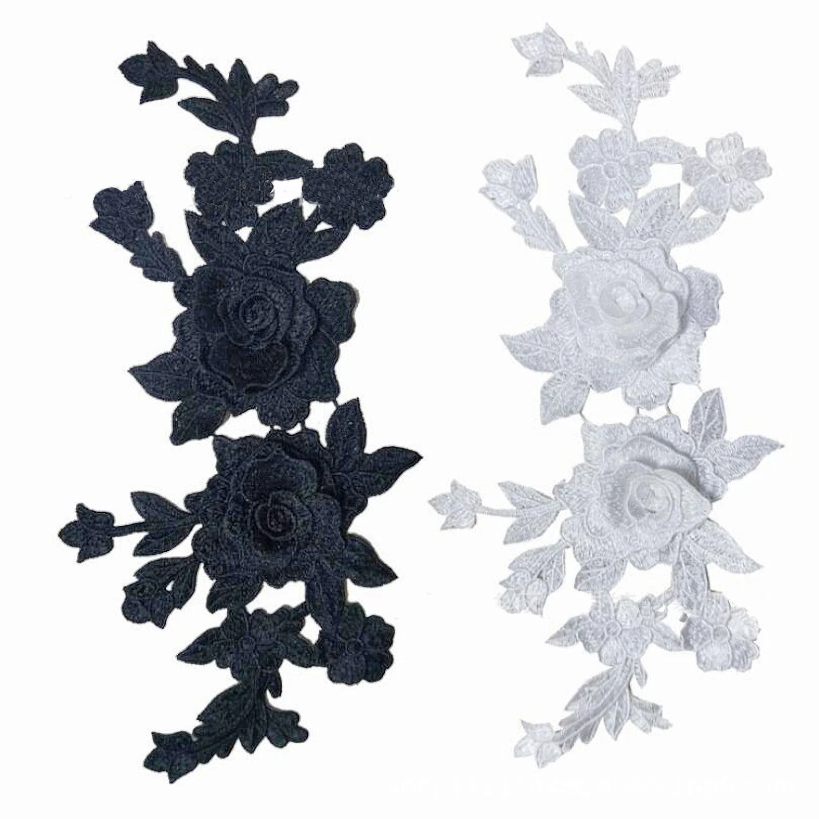 1 Pc Black White 3D Roses Flowers Embroidery Sew  On Patches Sewn Applique Embroidered DIY Clothes