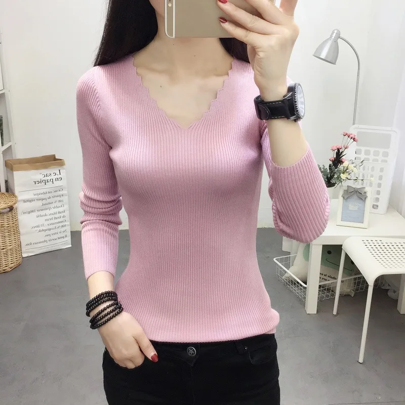 

Women Sweaters and Pullovers 2019 Autumn Winter Knitted Warm Ladies Jumper Slim Stretch Sweater Female Pink Pull Femme #25