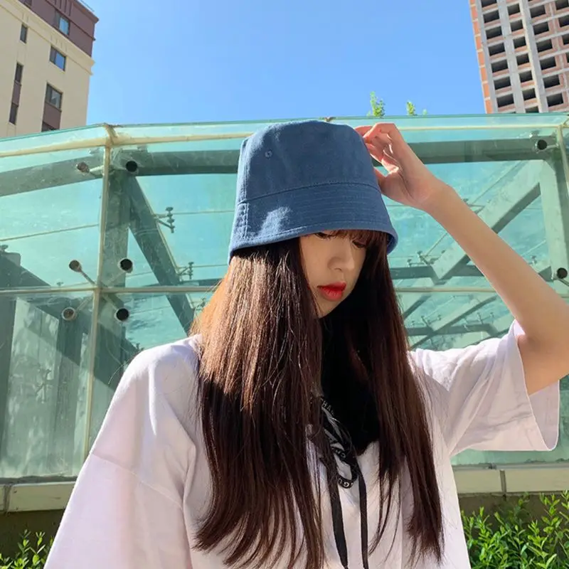 Women Literary Style Cotton Bucket Cap Harajuku Hip Hop Solid Color Sun Protection Wide Brim Foldable Fisherman Hat with Eyelets