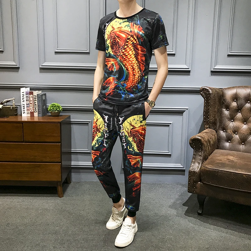 

Tracksuit Top And Pants Men Fish Print Short Sleeve T Shirt 2 Piece Set Men Slim Fit Outfits Men Set 2020 Spring High Quality