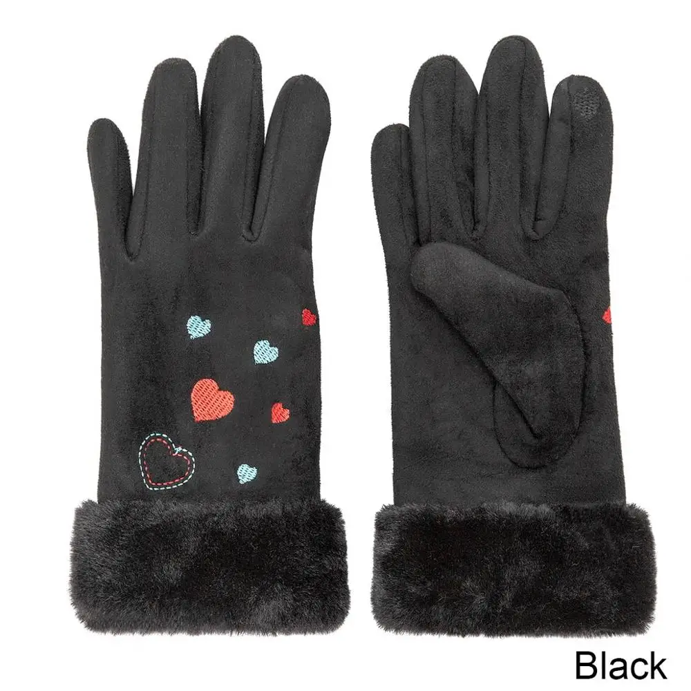 Женские уличные кашемировые перчатки 4 цвета перчатки осень и зима женские теплые хлопковые и хлопковые милые вышитые перчатки одноцветные - Цвет: Black