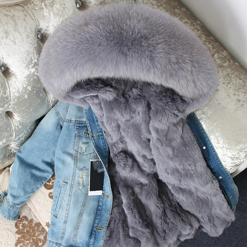Excellent OFTBUY 2019 Winter Jacket Women Real Fur Coat Parka Real raccoon collar Rex Rabbit liner striped bomber Denim jacket Streetwear 13
