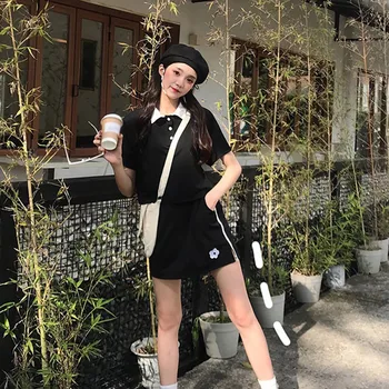 

Two piece Fashion casual suit dress women Black/Purple Summer Turn-Down Collar dress Oversize Short Sleeves dress