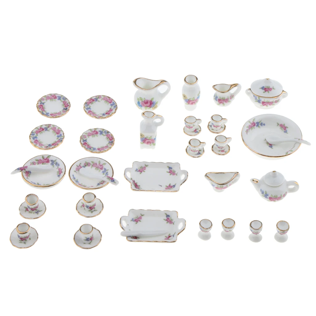 40pcs Dollhouse Miniatures Rose Flowers Ceramic Tea Set Pot Cup Plate